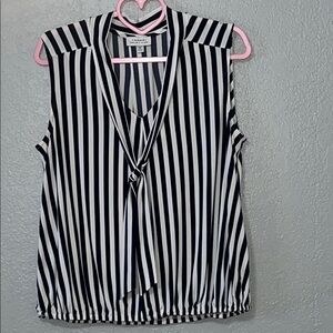 Tahari Navy Blue & White Vertical Stripe Tie-Front Sleeveless Top size M